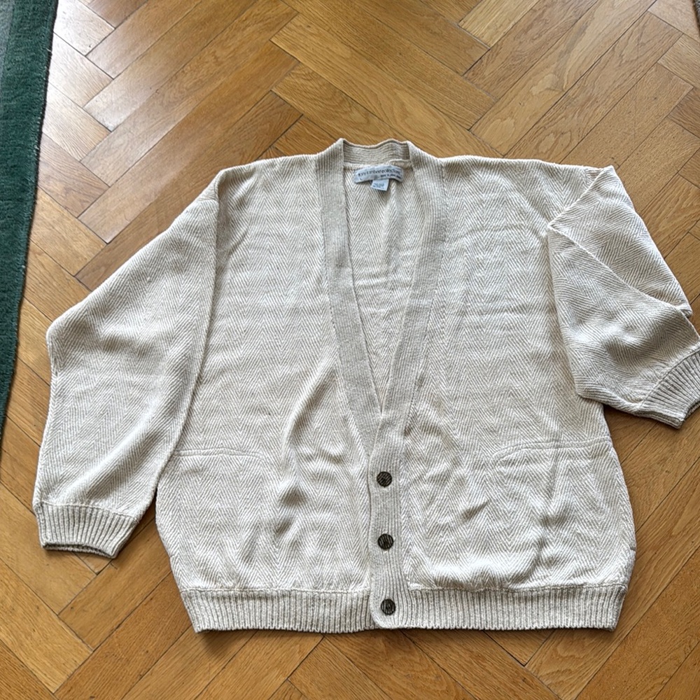 Cream Cardigan Sweater with V-Neck and Knit Sz L. But run big.  More like XL